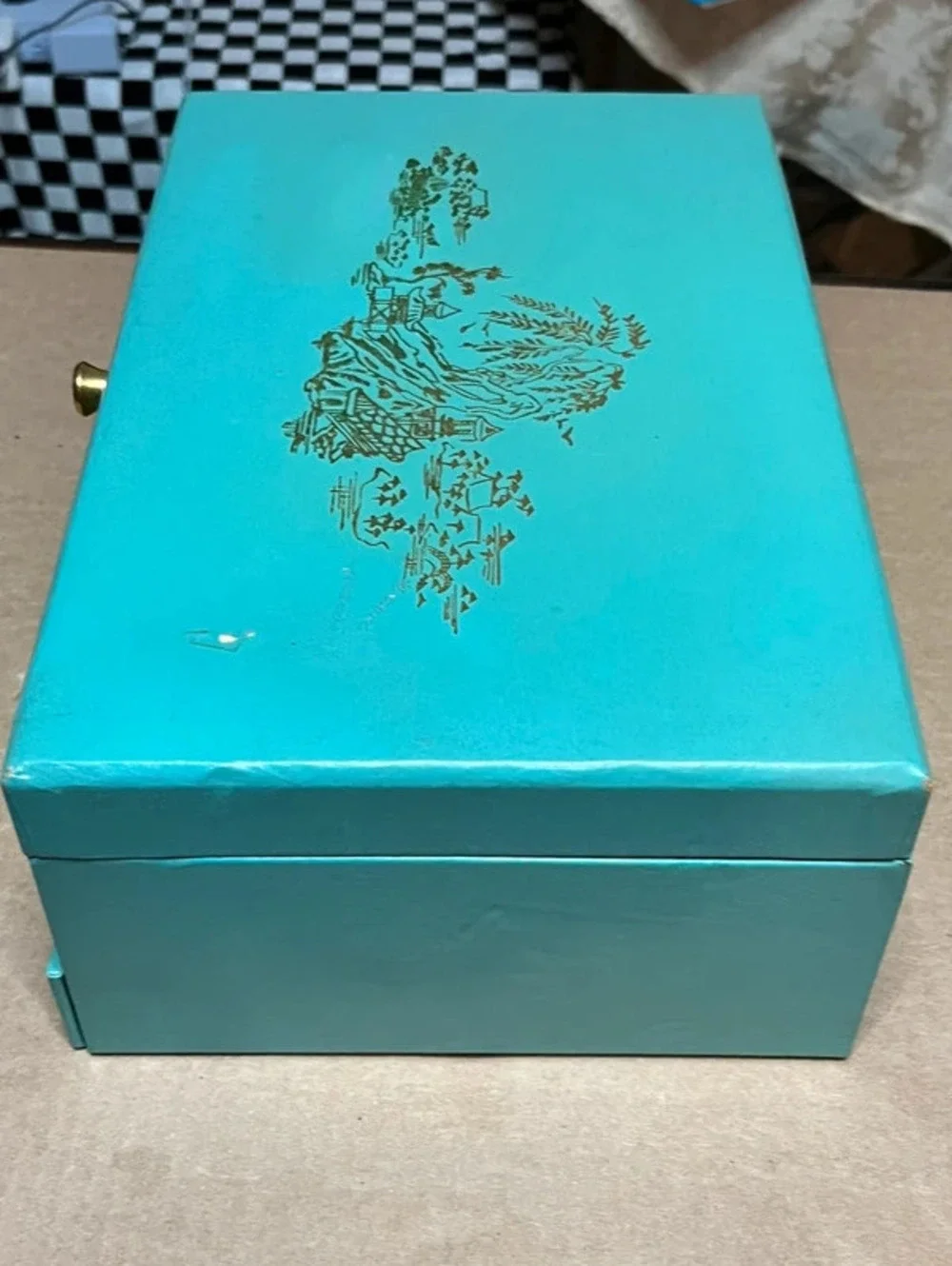 Vintage Mid Century Turquoise Jewelry Box Gold Chinoiserie Asian Pagoda Storage